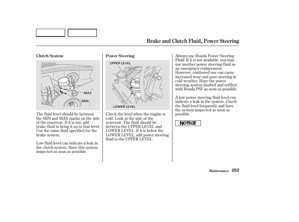 Brake and clutch fluid, power steering | Acura 2003 CL - Owner's Manual User Manual | Page 256 / 355