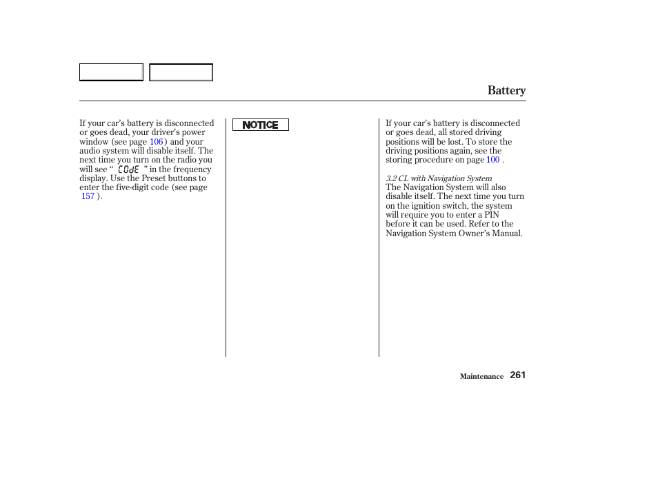 Battery | Acura 2003 CL - Owner's Manual User Manual | Page 264 / 355