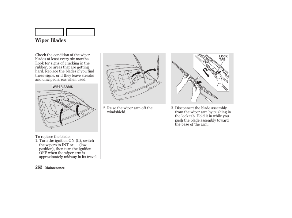 Wiper blades | Acura 2003 CL - Owner's Manual User Manual | Page 265 / 355