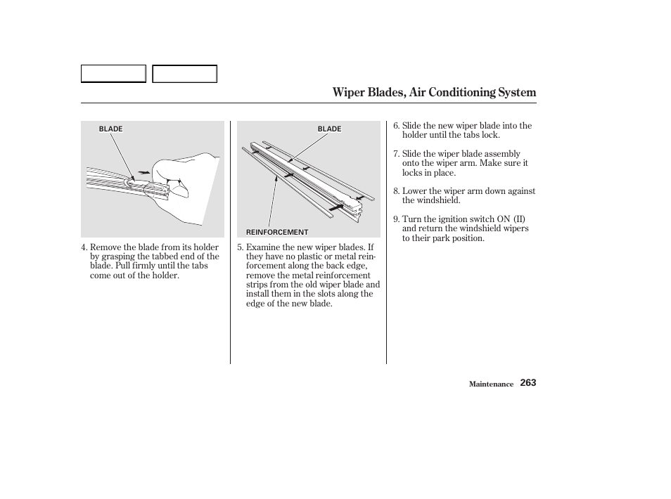Wiper blades, air conditioning system | Acura 2003 CL - Owner's Manual User Manual | Page 266 / 355