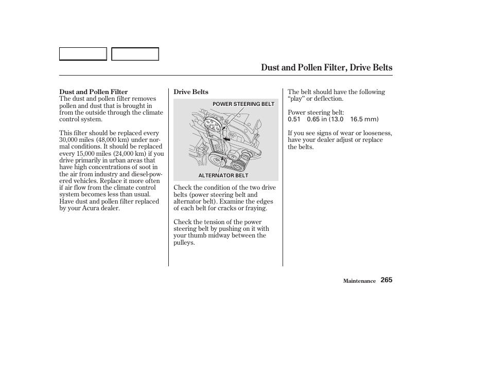 Dust and pollen filter, drive belts | Acura 2003 CL - Owner's Manual User Manual | Page 268 / 355