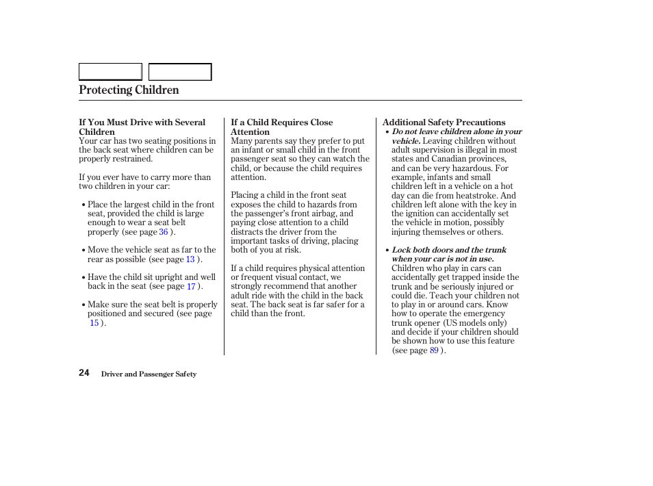 Protecting children | Acura 2003 CL - Owner's Manual User Manual | Page 27 / 355