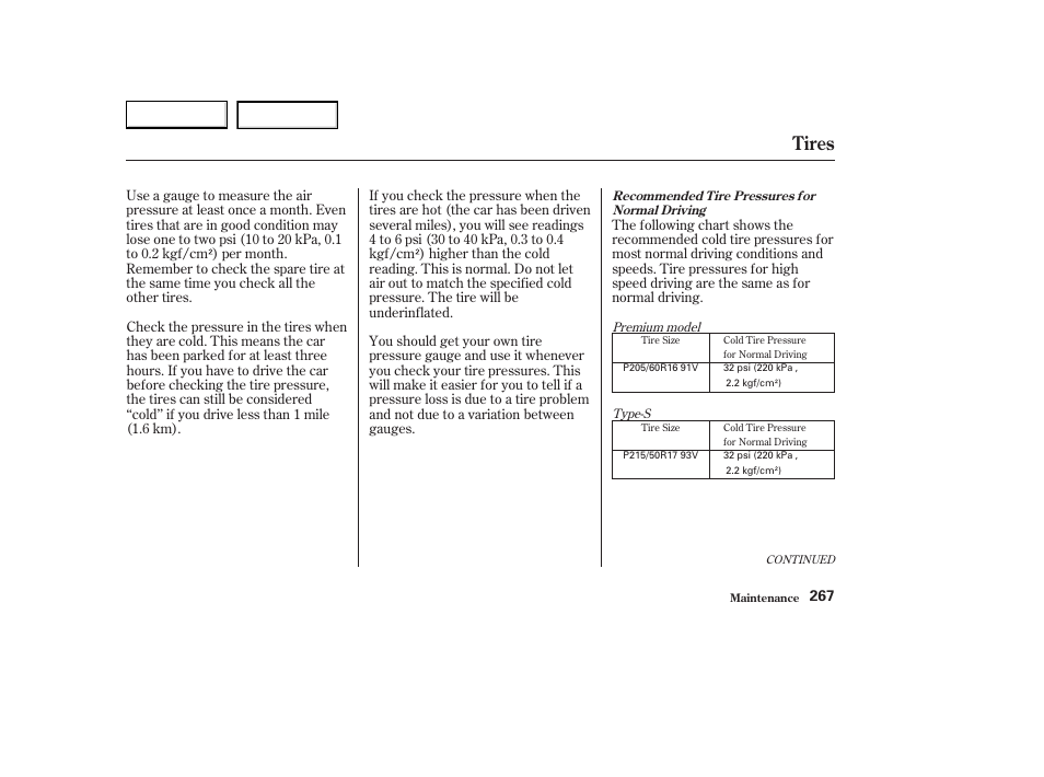 Tires | Acura 2003 CL - Owner's Manual User Manual | Page 270 / 355