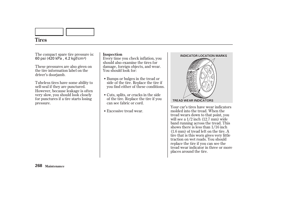 Tires | Acura 2003 CL - Owner's Manual User Manual | Page 271 / 355