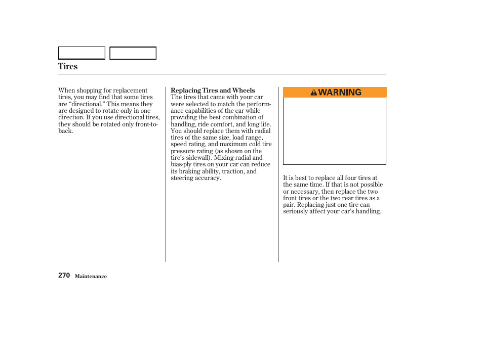 Tires | Acura 2003 CL - Owner's Manual User Manual | Page 273 / 355