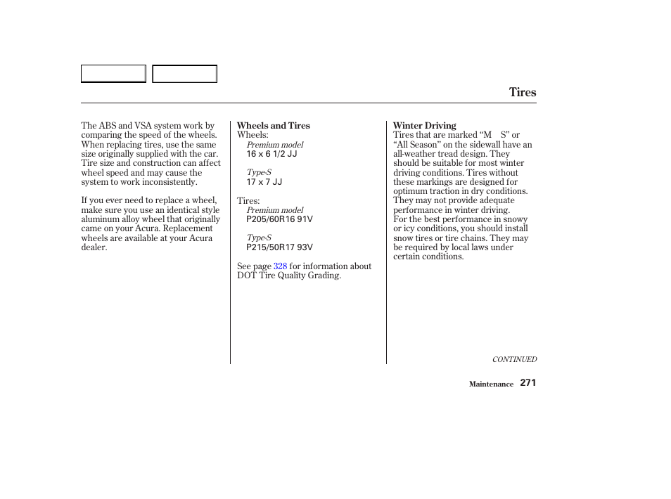 Tires | Acura 2003 CL - Owner's Manual User Manual | Page 274 / 355