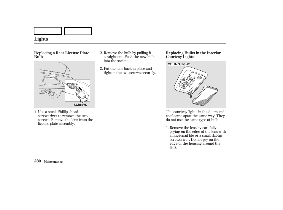 Lights | Acura 2003 CL - Owner's Manual User Manual | Page 283 / 355