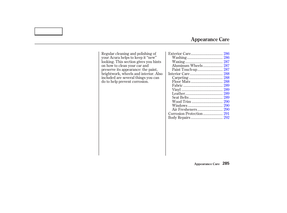 Appearance care | Acura 2003 CL - Owner's Manual User Manual | Page 288 / 355