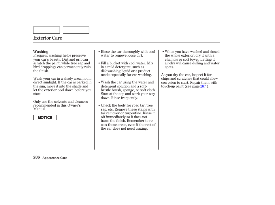 Exterior care | Acura 2003 CL - Owner's Manual User Manual | Page 289 / 355
