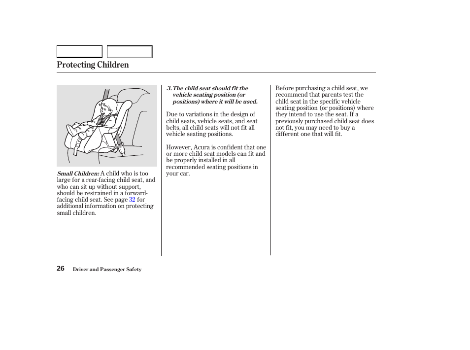 Protecting children | Acura 2003 CL - Owner's Manual User Manual | Page 29 / 355