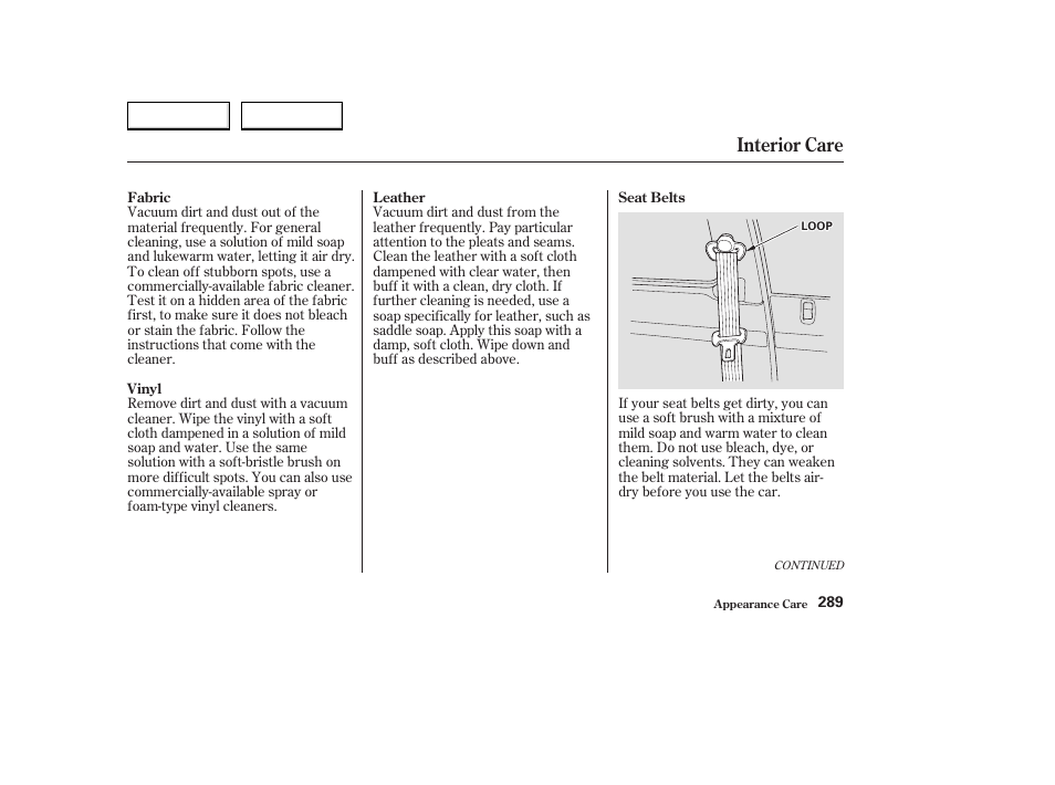 Interior care | Acura 2003 CL - Owner's Manual User Manual | Page 292 / 355