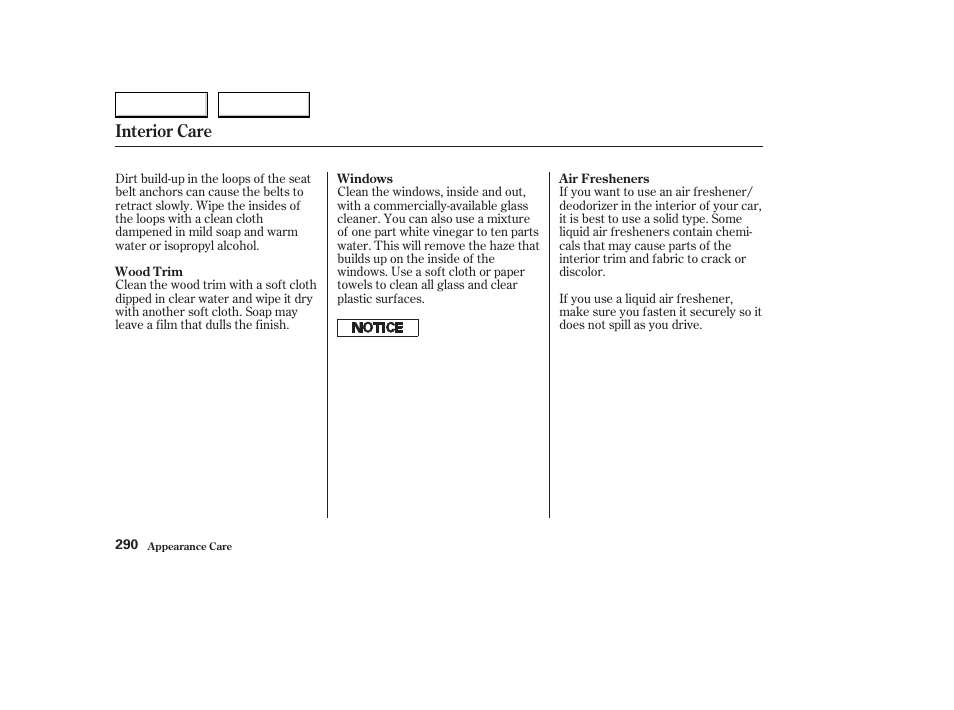 Interior care | Acura 2003 CL - Owner's Manual User Manual | Page 293 / 355