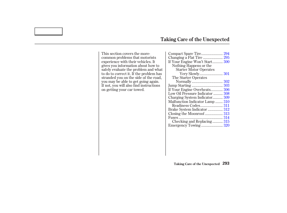 Taking care of the unexpected | Acura 2003 CL - Owner's Manual User Manual | Page 296 / 355