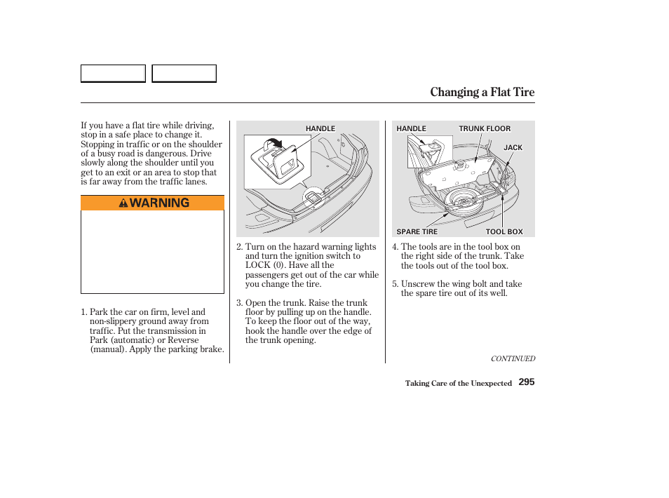 Changing a flat tire | Acura 2003 CL - Owner's Manual User Manual | Page 298 / 355