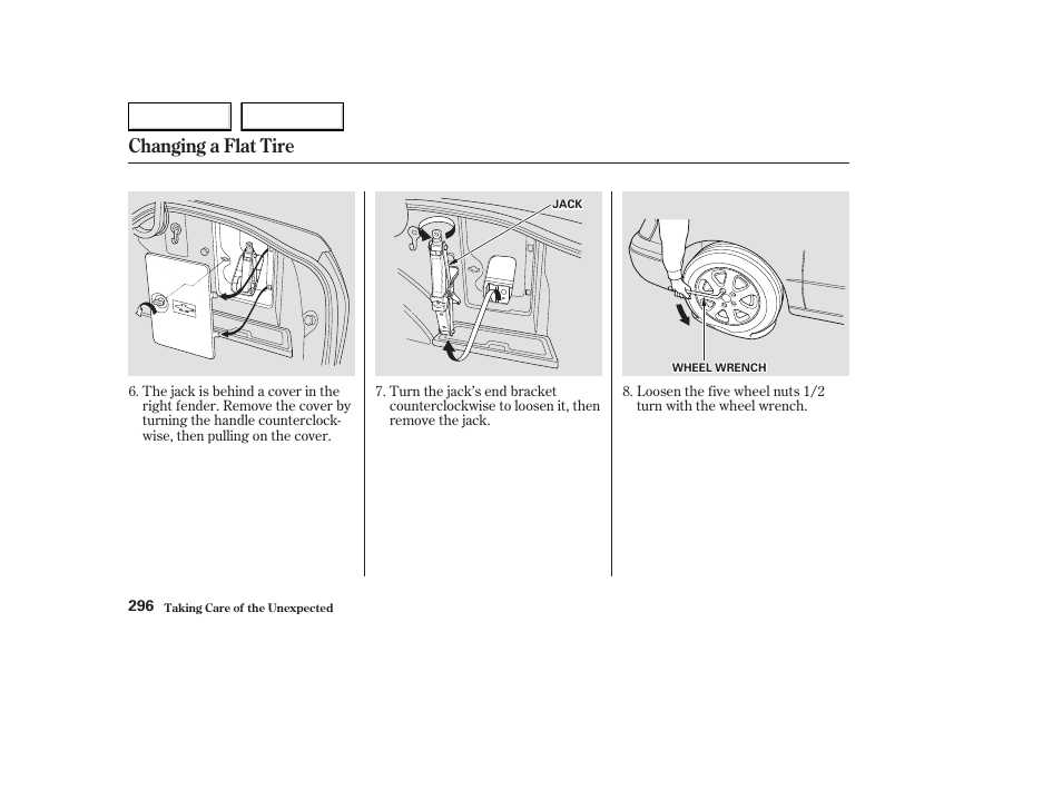 Changing a flat tire | Acura 2003 CL - Owner's Manual User Manual | Page 299 / 355