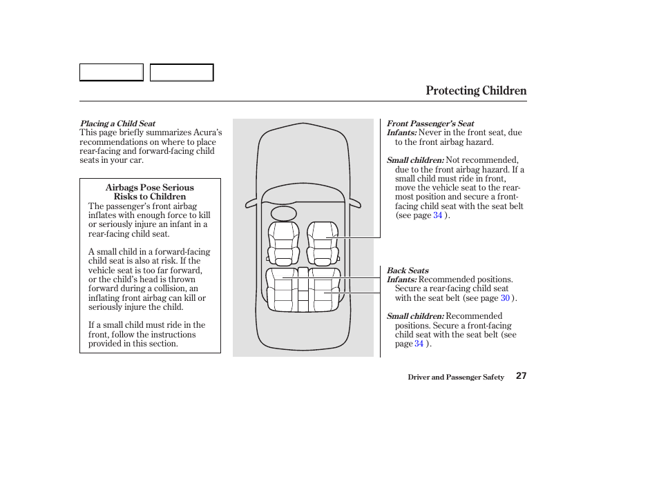 Protecting children | Acura 2003 CL - Owner's Manual User Manual | Page 30 / 355
