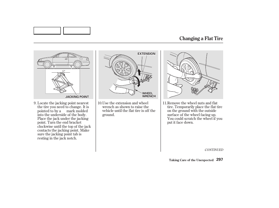 Changing a flat tire | Acura 2003 CL - Owner's Manual User Manual | Page 300 / 355