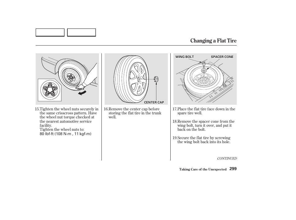 Changing a flat tire | Acura 2003 CL - Owner's Manual User Manual | Page 302 / 355