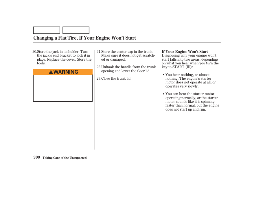 Changing a flat tire, if your engine won’t start | Acura 2003 CL - Owner's Manual User Manual | Page 303 / 355