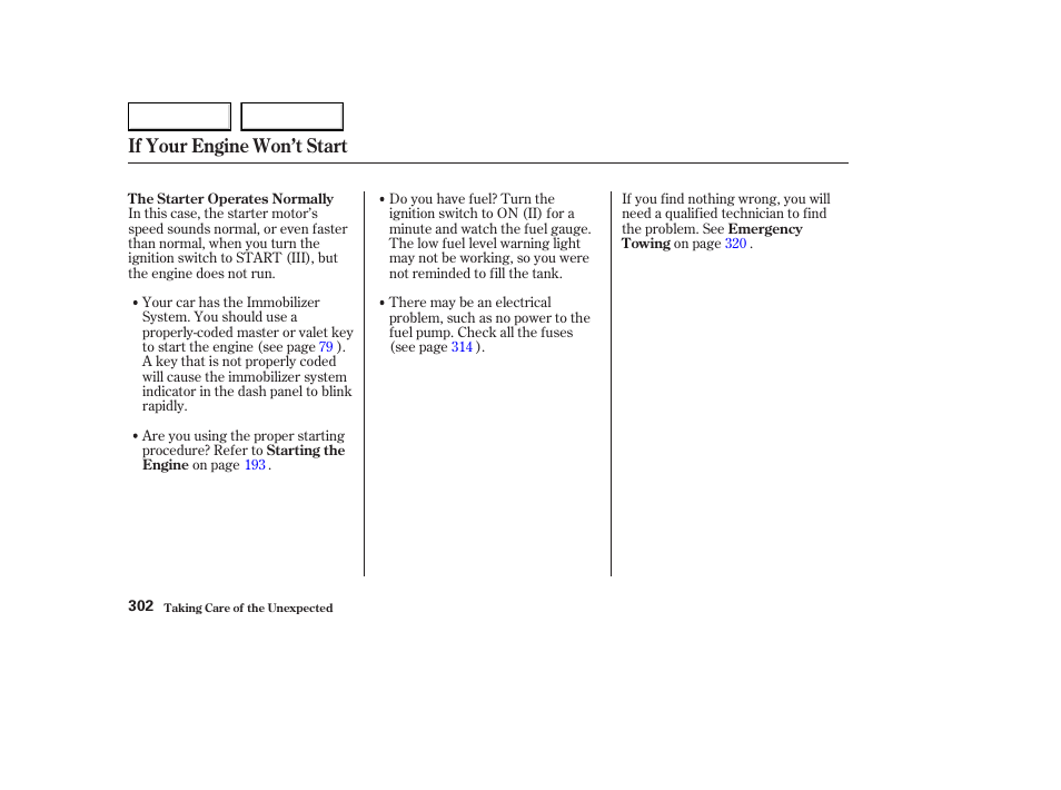 If your engine won’t start | Acura 2003 CL - Owner's Manual User Manual | Page 305 / 355