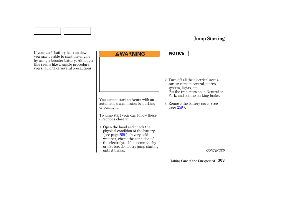 Jump starting | Acura 2003 CL - Owner's Manual User Manual | Page 306 / 355