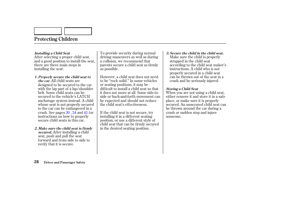 Protecting children | Acura 2003 CL - Owner's Manual User Manual | Page 31 / 355