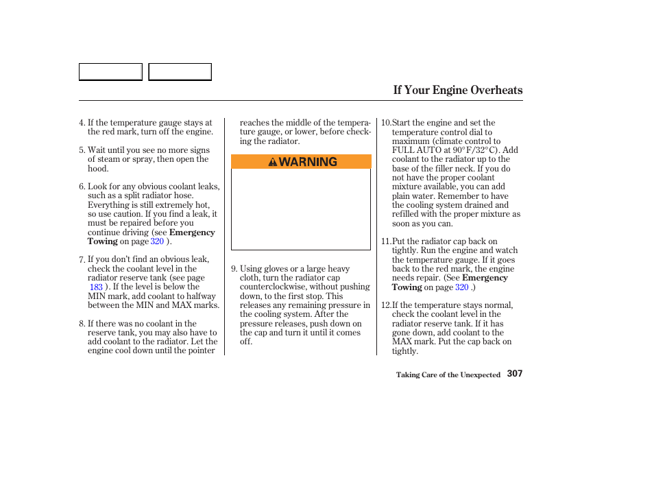 If your engine overheats | Acura 2003 CL - Owner's Manual User Manual | Page 310 / 355