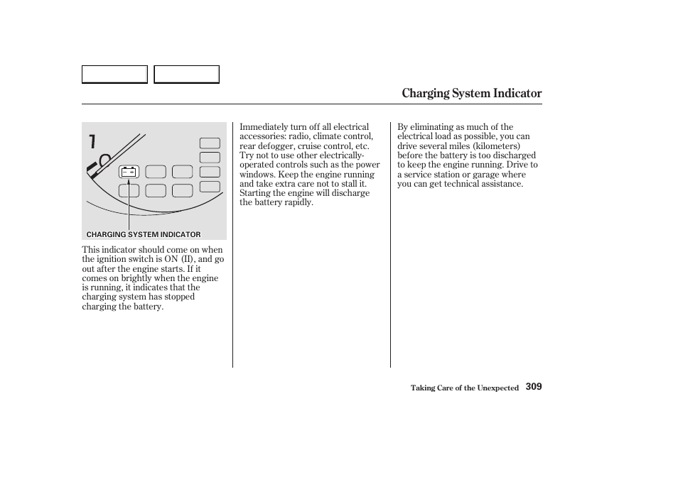 Charging system indicator | Acura 2003 CL - Owner's Manual User Manual | Page 312 / 355