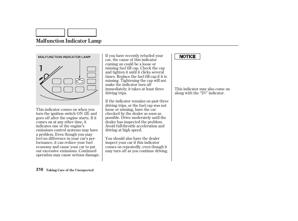 Malfunction indicator lamp | Acura 2003 CL - Owner's Manual User Manual | Page 313 / 355