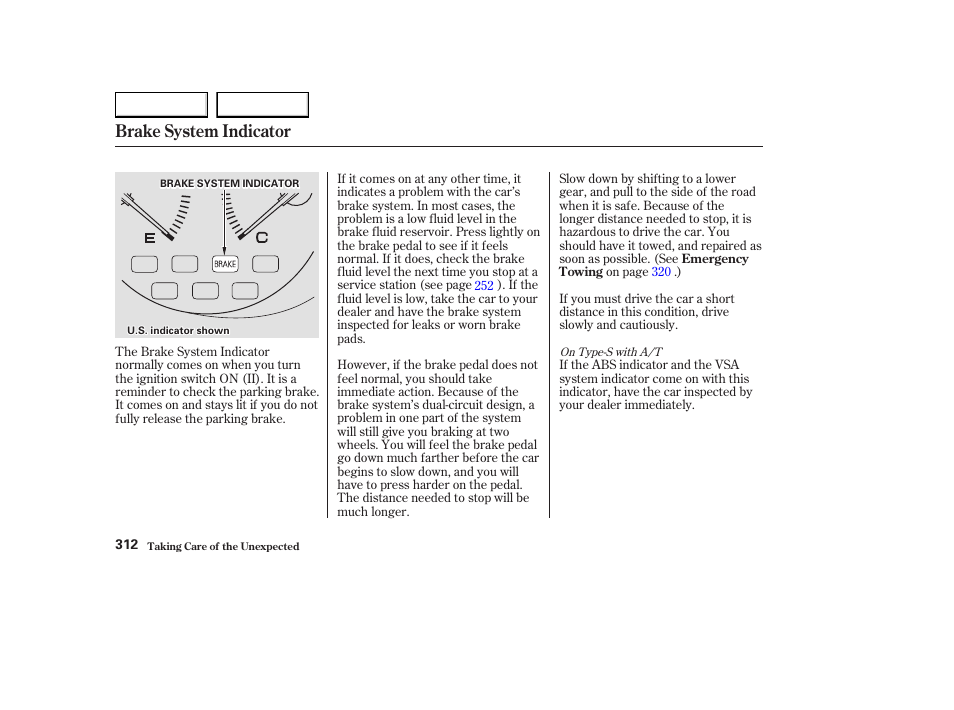 Brake system indicator | Acura 2003 CL - Owner's Manual User Manual | Page 315 / 355