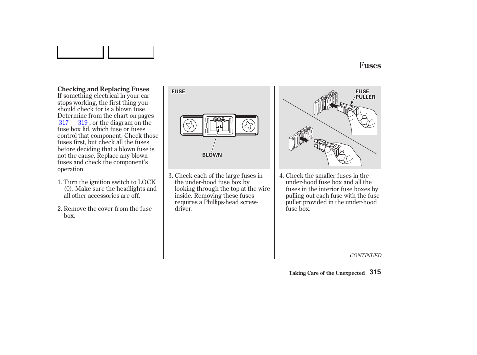 Fuses | Acura 2003 CL - Owner's Manual User Manual | Page 318 / 355