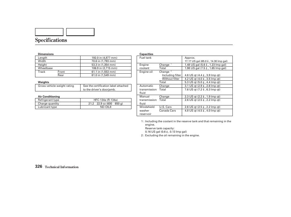Specifications | Acura 2003 CL - Owner's Manual User Manual | Page 329 / 355