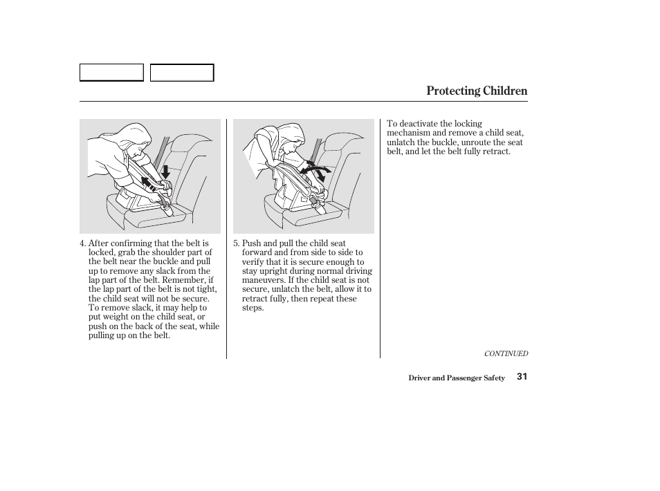 Protecting children | Acura 2003 CL - Owner's Manual User Manual | Page 34 / 355