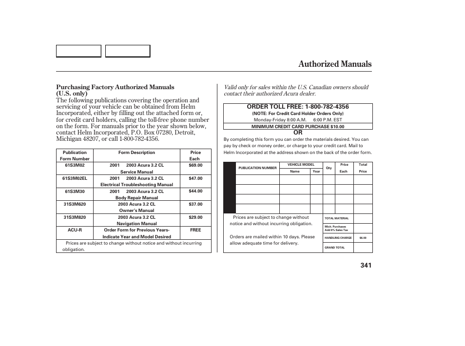 Authorized manuals | Acura 2003 CL - Owner's Manual User Manual | Page 344 / 355