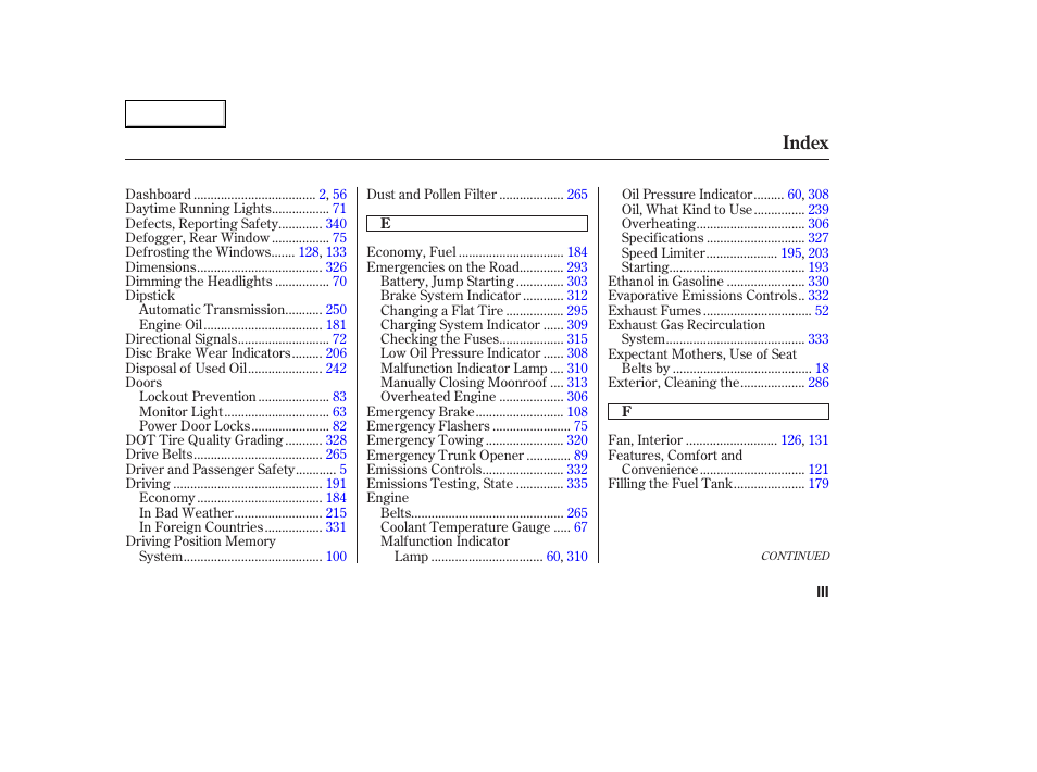 Index | Acura 2003 CL - Owner's Manual User Manual | Page 348 / 355