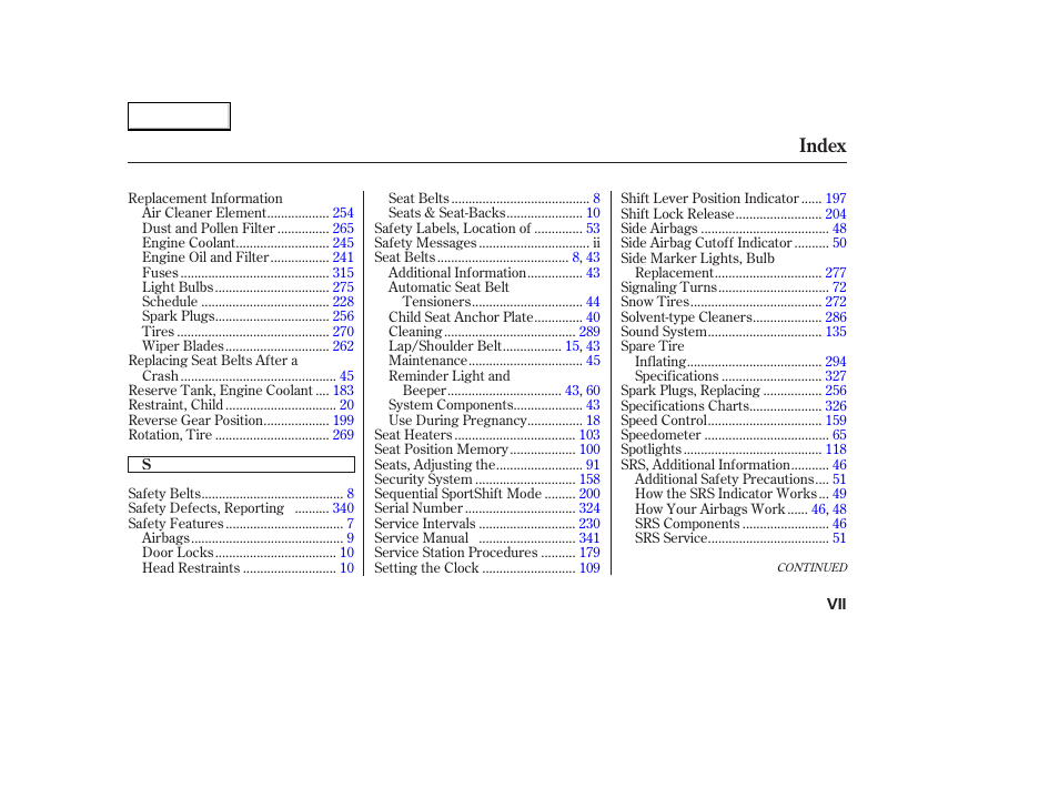 Index | Acura 2003 CL - Owner's Manual User Manual | Page 352 / 355