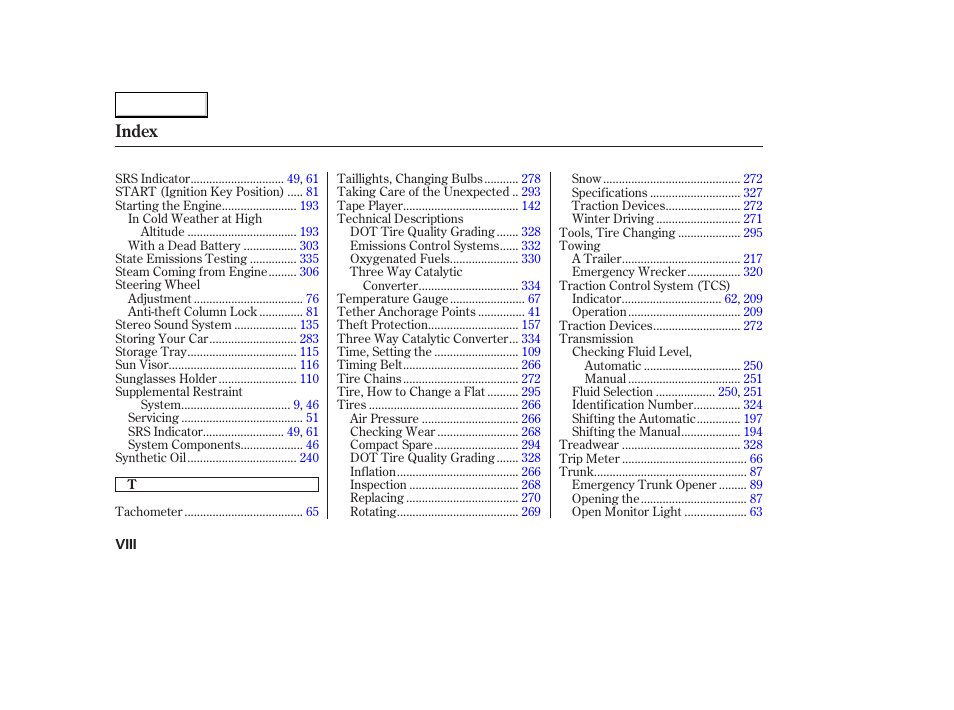 Index | Acura 2003 CL - Owner's Manual User Manual | Page 353 / 355