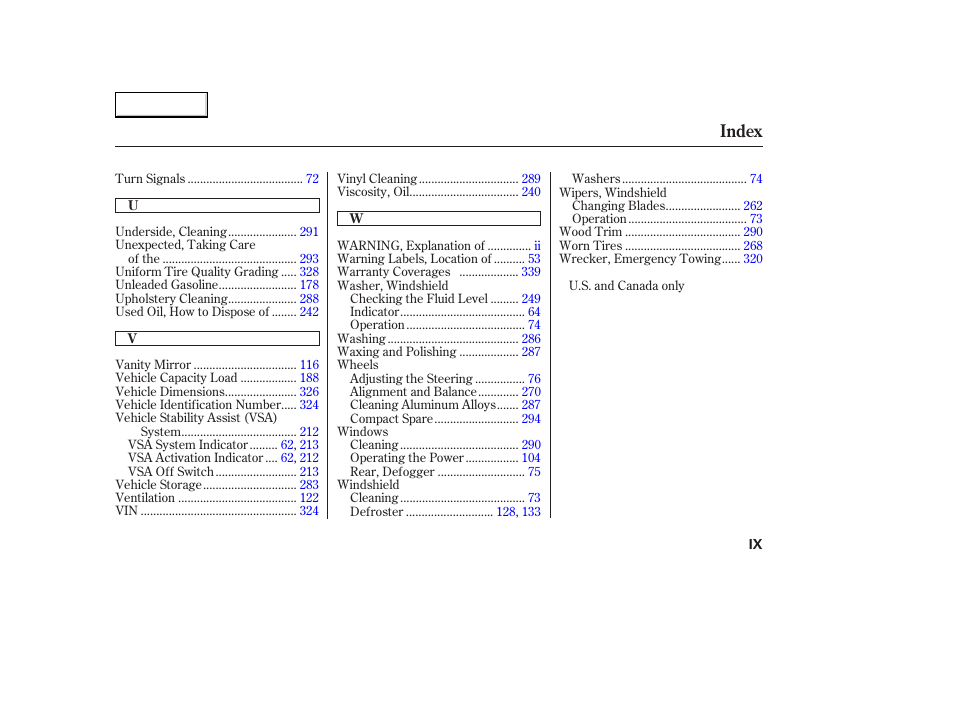 Index | Acura 2003 CL - Owner's Manual User Manual | Page 354 / 355