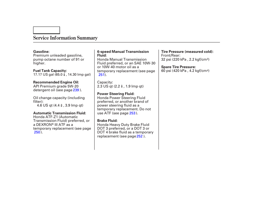 Service information summary | Acura 2003 CL - Owner's Manual User Manual | Page 355 / 355