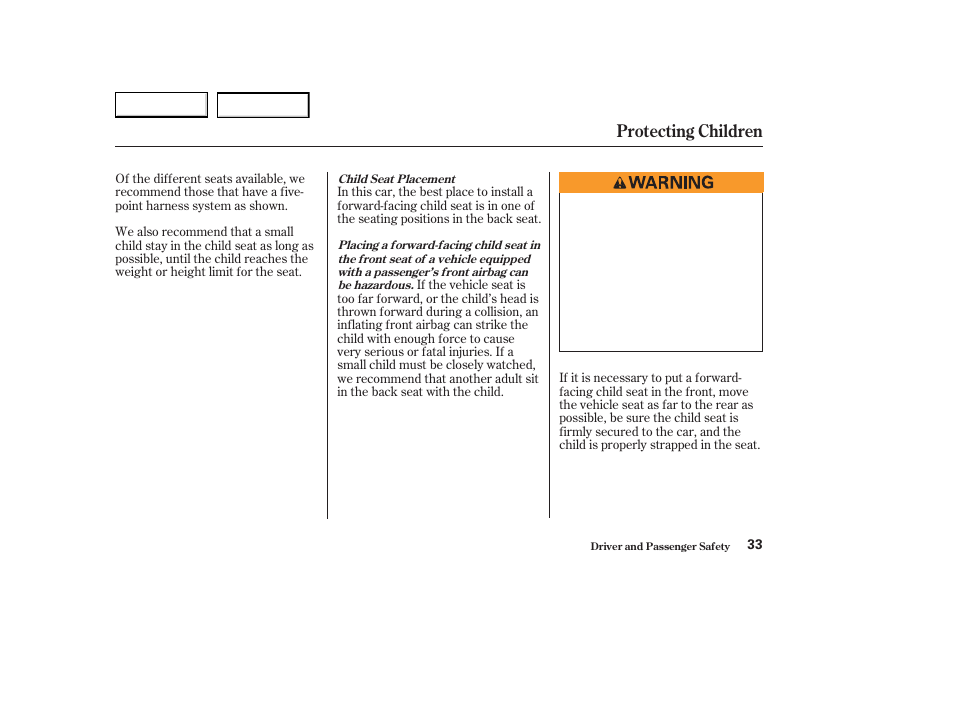 Protecting children | Acura 2003 CL - Owner's Manual User Manual | Page 36 / 355
