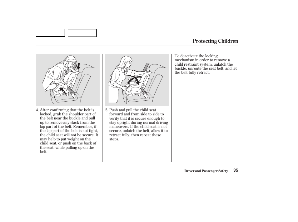 Protecting children | Acura 2003 CL - Owner's Manual User Manual | Page 38 / 355