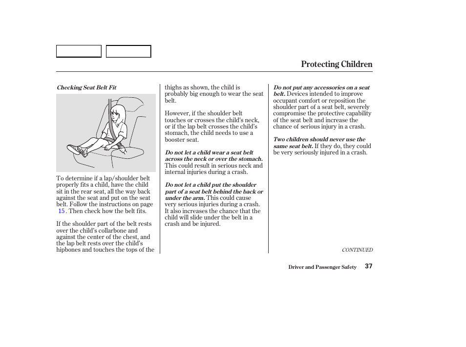 Protecting children | Acura 2003 CL - Owner's Manual User Manual | Page 40 / 355