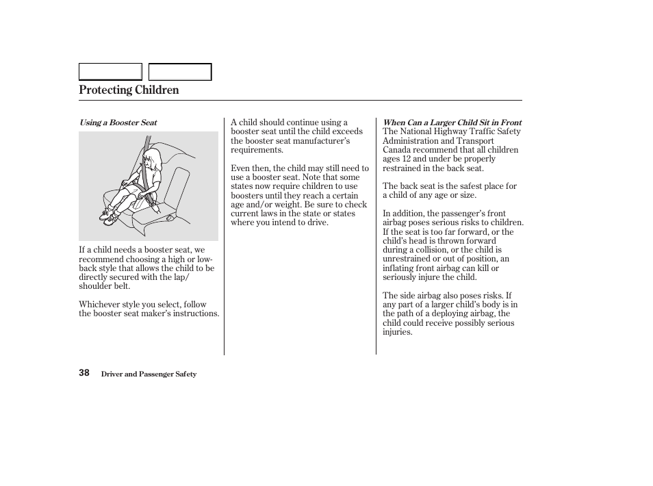 Protecting children | Acura 2003 CL - Owner's Manual User Manual | Page 41 / 355