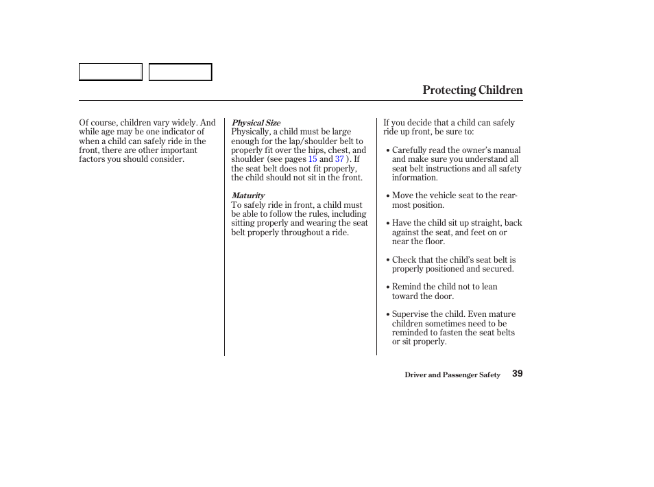 Protecting children | Acura 2003 CL - Owner's Manual User Manual | Page 42 / 355