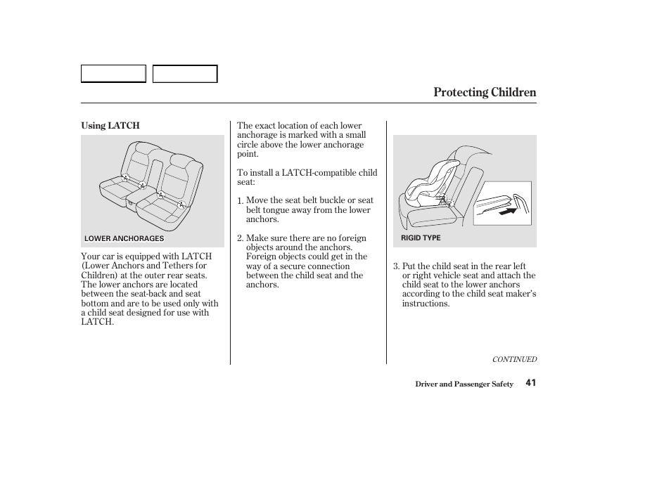 Protecting children | Acura 2003 CL - Owner's Manual User Manual | Page 44 / 355