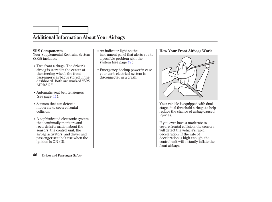 Additional information about your airbags | Acura 2003 CL - Owner's Manual User Manual | Page 49 / 355