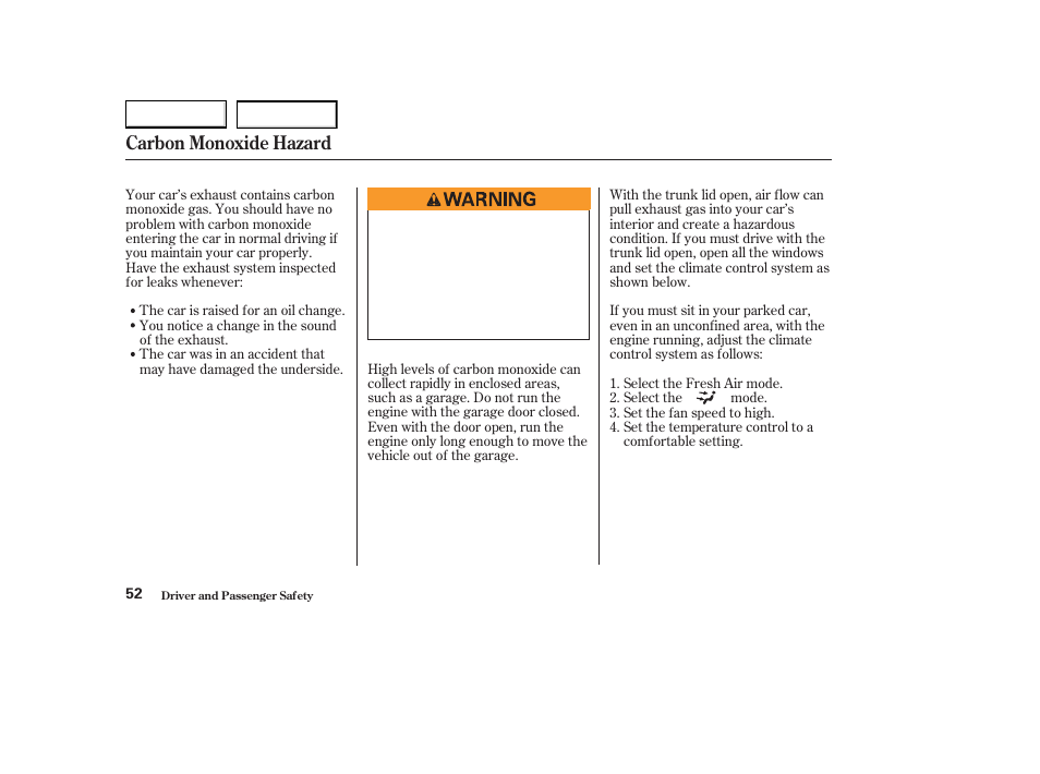 Carbon monoxide hazard | Acura 2003 CL - Owner's Manual User Manual | Page 55 / 355