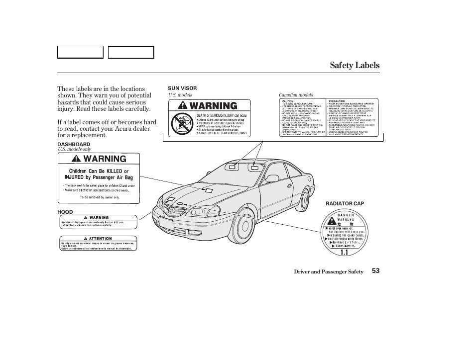 Safety labels | Acura 2003 CL - Owner's Manual User Manual | Page 56 / 355