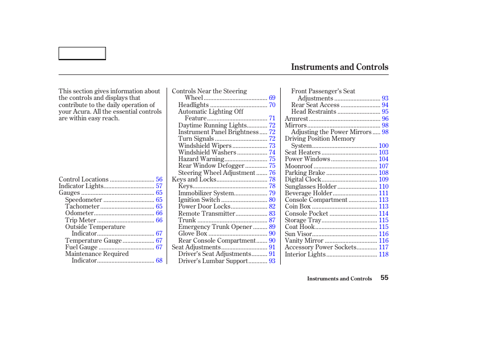 Instruments and controls | Acura 2003 CL - Owner's Manual User Manual | Page 58 / 355