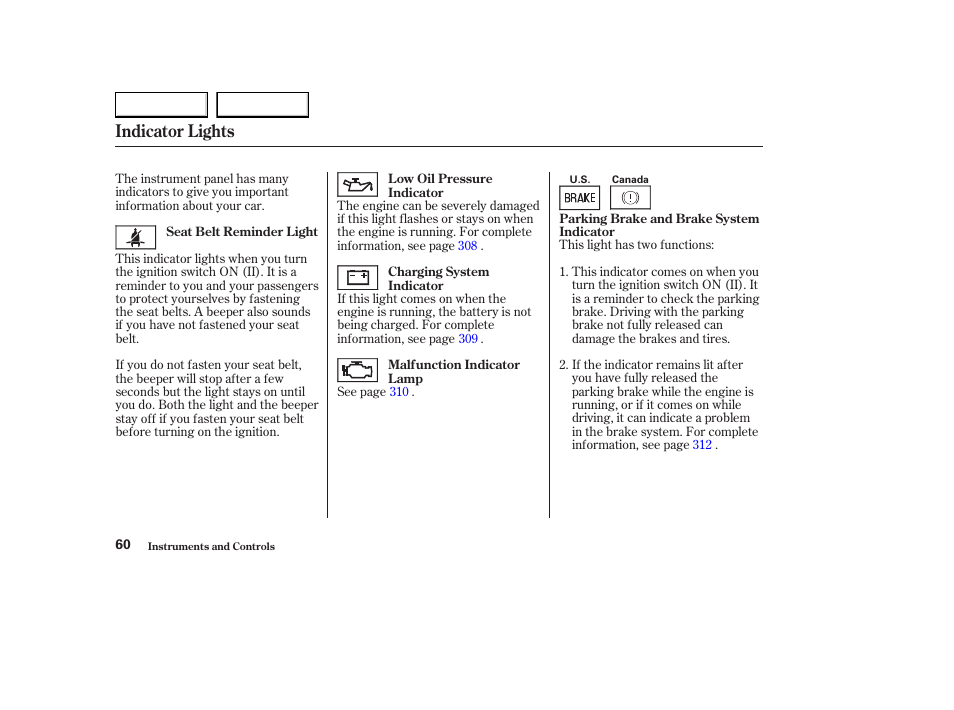 Indicator lights | Acura 2003 CL - Owner's Manual User Manual | Page 63 / 355